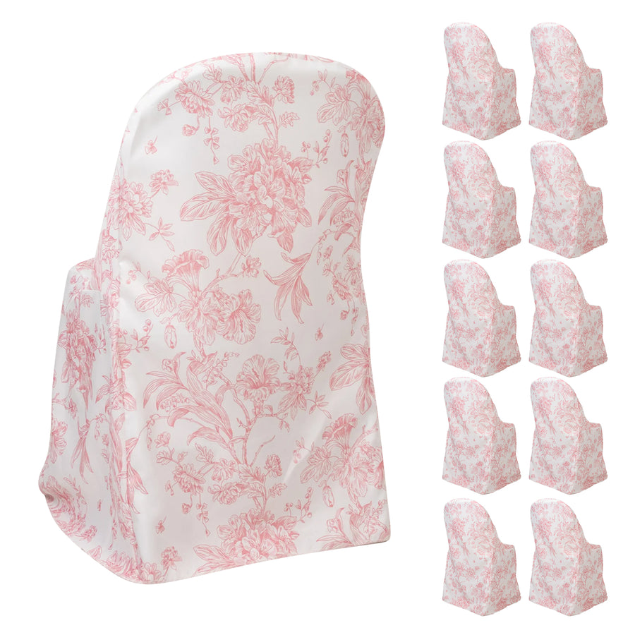 10 Pack Polyester Chair Covers for Folding Chairs – White Pink French Toile Pattern, Reusable