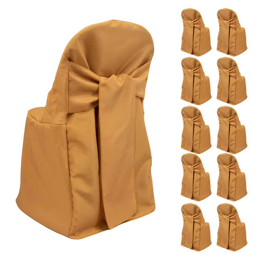 Set of 10 golden chair covers with bow design for elegant event decoration.