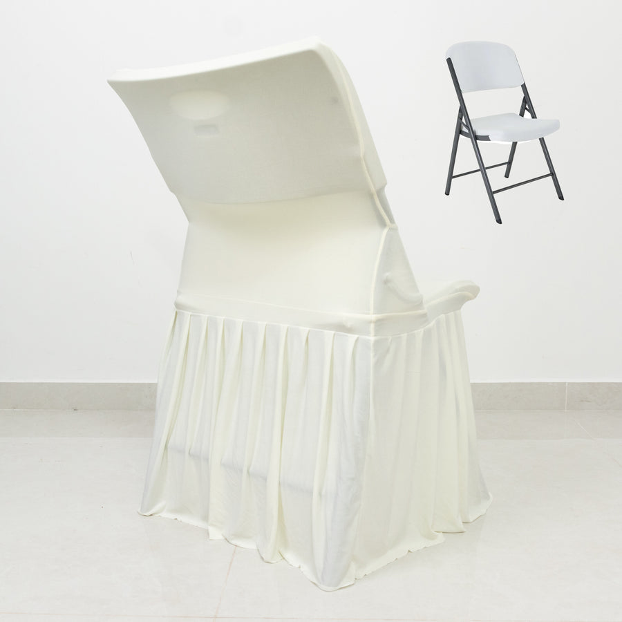 White folding chair with a fitted cover, showcasing a sleek design.