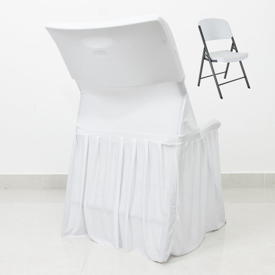White folding chair with a fitted skirt, displayed on a clean backdrop.