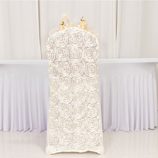 Add Elegance to Your Event with Ivory Satin Rosette Spandex Stretch Banquet Chair Cover Add Elegance to Your Event with Ivory Satin Rosette Spandex Stretch Banquet Chair Cover
