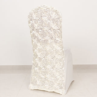 Durable and Timeless Ivory Satin Rosette Spandex Stretch Banquet Chair Cover Durable and Timeless Ivory Satin Rosette Spandex Stretch Banquet Chair Cover