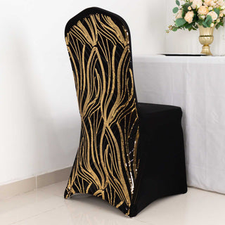 Elevate Your Event Decor with the Black Gold Spandex Fitted Banquet Chair Cover