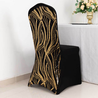 Elevate Your Event Decor with the Black Gold Spandex Fitted Banquet Chair Cover Elevate Your Event Decor with the Black Gold Spandex Fitted Banquet Chair Cover
