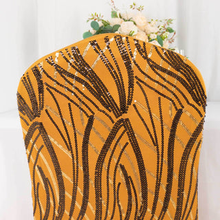 Add Glamour and Elegance with the Gold Black Spandex Fitted Banquet Chair Cover Add Glamour and Elegance with the Gold Black Spandex Fitted Banquet Chair Cover