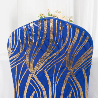 Elevate Your Event with the Royal Blue Gold Spandex Fitted Banquet Chair Cover Elevate Your Event with the Royal Blue Gold Spandex Fitted Banquet Chair Cover