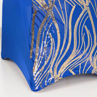 Create an Unforgettable Event with the Royal Blue Gold Spandex Fitted Banquet Chair Cover Create an Unforgettable Event with the Royal Blue Gold Spandex Fitted Banquet Chair Cover