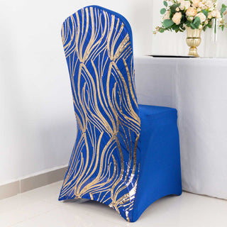 Unleash the Beauty of Your Event with the Royal Blue Gold Spandex Chair Cover