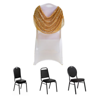 Collection of banquet chairs with draped gold cover