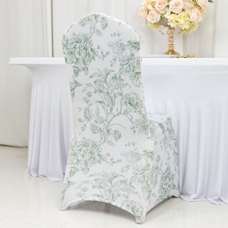 Floral-patterned chair cover on a dining chair at a table setting.