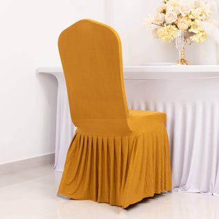 <strong>Versatility and Sophistication With Gold 1-Piece Ruffled Skirt Stretch Chair Cover</strong> <strong>Versatility and Sophistication With Gold 1-Piece Ruffled Skirt Stretch Chair Cover</strong>