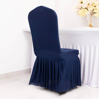 <strong>Versatility and Sophistication With Navy Blue 1-Piece Ruffled Skirt Stretch Chair Cover</strong> <strong>Versatility and Sophistication With Navy Blue 1-Piece Ruffled Skirt Stretch Chair Cover</strong>