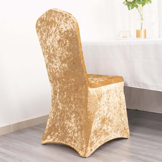 Create a Regal Atmosphere with Champagne Crushed Velvet Wedding Chair Cover Create a Regal Atmosphere with Champagne Crushed Velvet Wedding Chair Cover