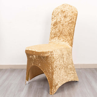 Elevate Your Event with Champagne Crushed Velvet Spandex Stretch Wedding Chair Cover Elevate Your Event with Champagne Crushed Velvet Spandex Stretch Wedding Chair Cover