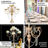 27 inch Gold Metal 5 Arm Candelabra Candle Holder With Hanging Crystal Drops