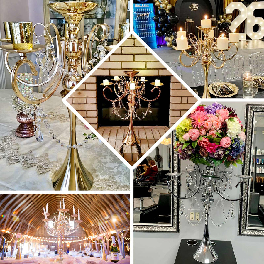 27 inch Gold Metal 5 Arm Candelabra Candle Holder With Hanging Crystal Drops