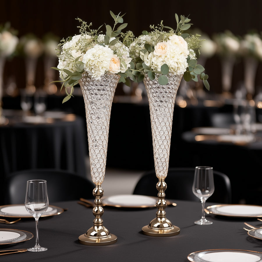 2 Pack | Gold 40Inch Tall Crystal Beaded Trumpet Vase Set, Table Centerpiece