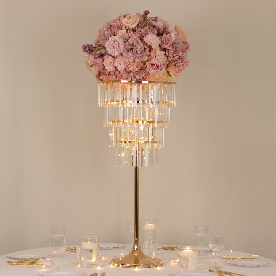 38inch Crystal Pendant 4-Tier Table Centerpiece Chandelier Gold Metal Vase Stand Round Frame