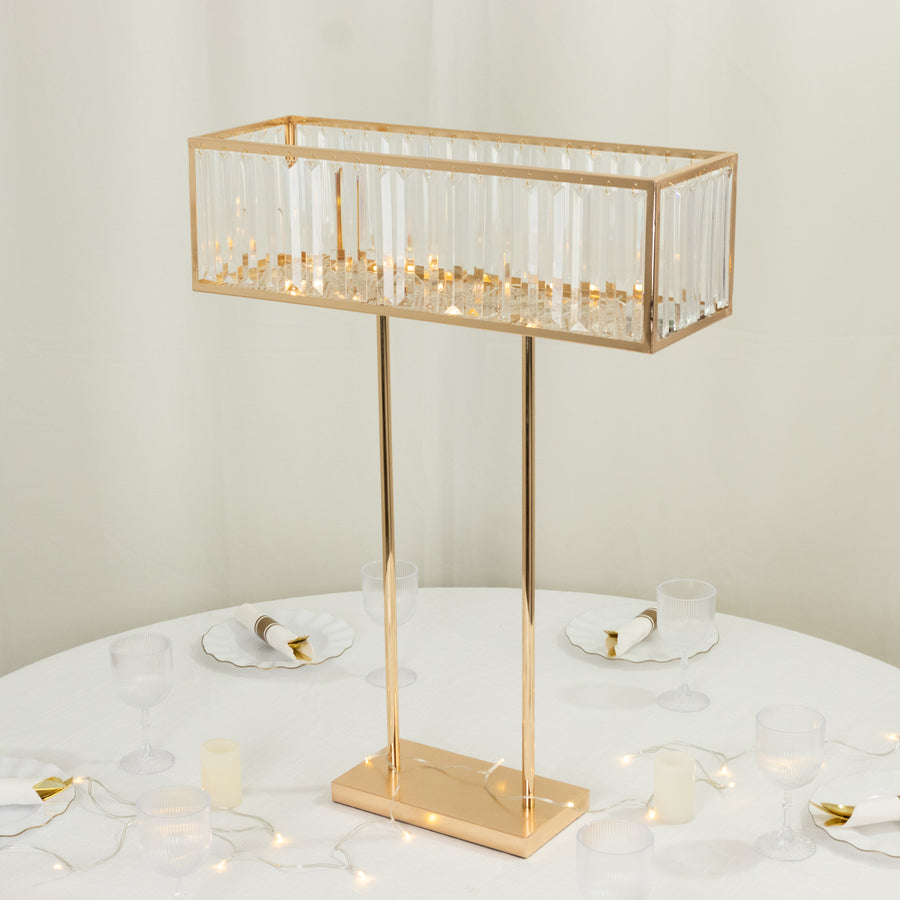 Gold Crystal Pendant Flower Stand, Metal Centerpiece Vase – 32inch Tall Rectangular Display Rack