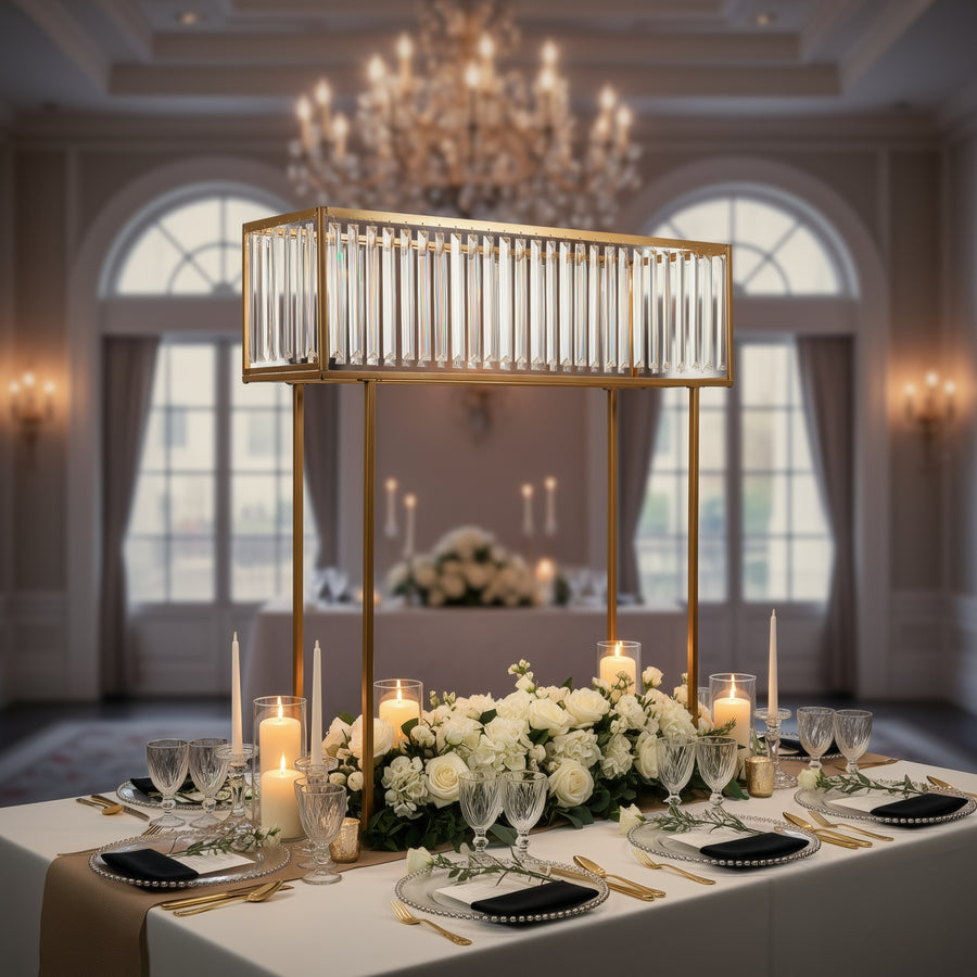 Elegant dining table centerpiece with candles and flowers in a luxurious setting.
