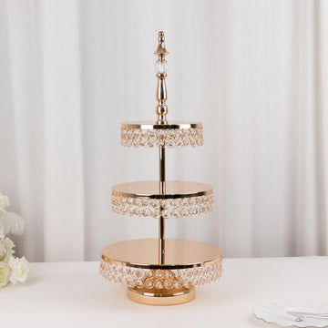 3-Tier Crystal Beaded Gold Metal Cupcake Stand Tower, 26" Tall Cake Dessert Display Stand with Round Mirror Top