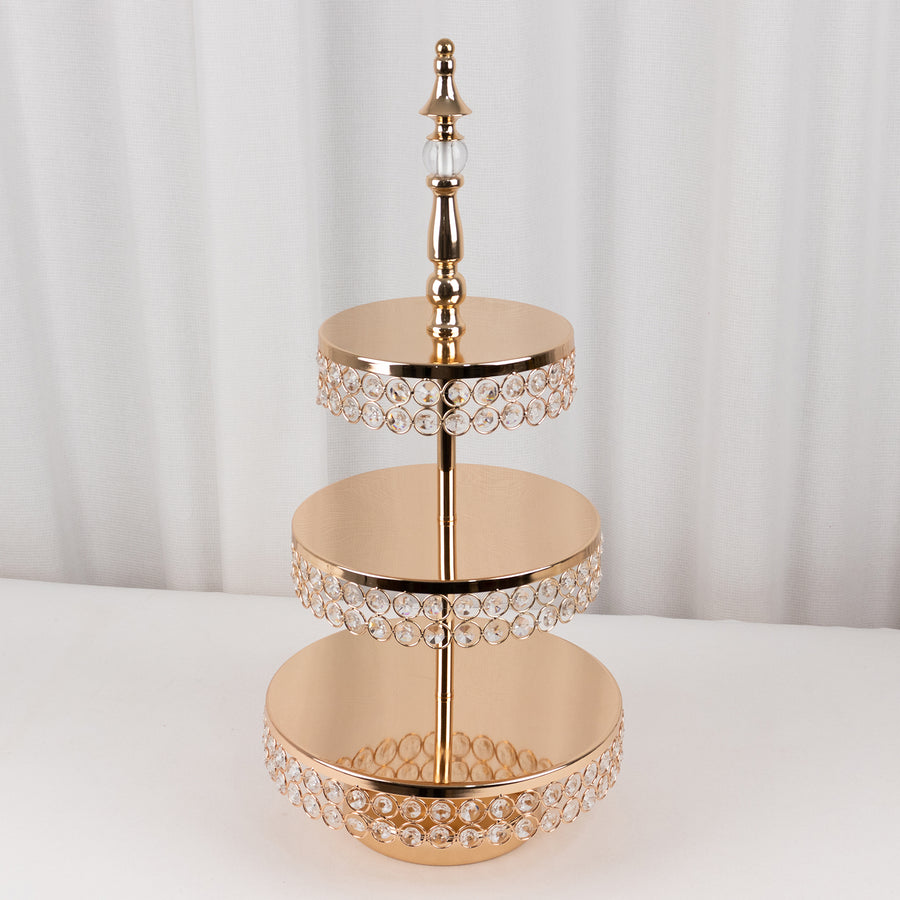 3-Tier Crystal Beaded Gold Metal Cupcake Stand Tower, 26inch Tall Cake Dessert Display Stand