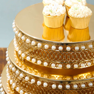 Sturdy Pearl Beaded Gold Metal Cake Stands Sturdy Pearl Beaded Gold Metal Cake Stands