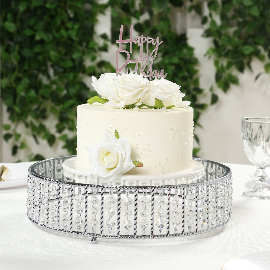 14" Round Silver Cake Stand with Hanging Crystal Beads and Glass Top – Metal Dessert Display Tray