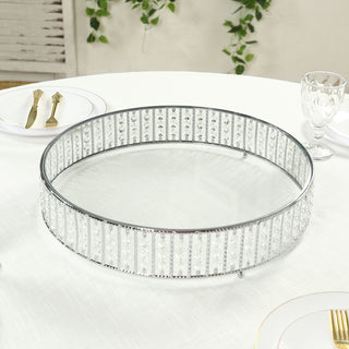 Elegant crystal beaded serving platter on a dining table.