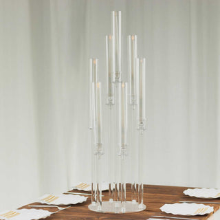 Elegant and Versatile: 7 Arm Clear Acrylic Cluster Round Pillar Candle Stick Stand Elegant and Versatile: 7 Arm Clear Acrylic Cluster Round Pillar Candle Stick Stand
