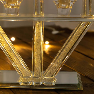 <strong>Clear Crystal-Filled Menorah Glass Taper Candelabra</strong> <strong>Clear Crystal-Filled Menorah Glass Taper Candelabra</strong>
