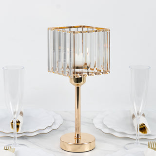 Elegant glass table lamp with gold base, perfect for dining settings.