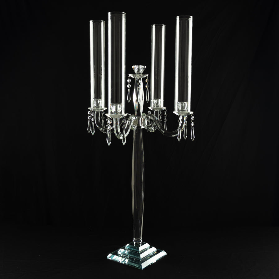4 Arm Crystal Glass Taper Candle Holder Candelabra, Decorative Table Centerpiece