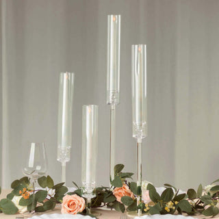 Versatile Decor at Your Fingertips - Set of 4 Clear Acrylic Taper Candlestick Holders with Elegant Chimney Shades Versatile Decor at Your Fingertips - Set of 4 Clear Acrylic Taper Candlestick Holders with Elegant Chimney Shades