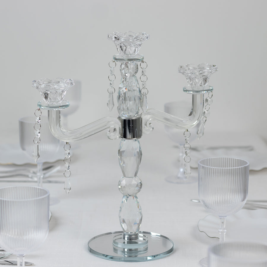 Crystal Taper Candle Holder with 3 Arms & Hanging Pendants