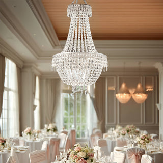 Elegant crystal chandelier illuminating a luxurious dining venue.