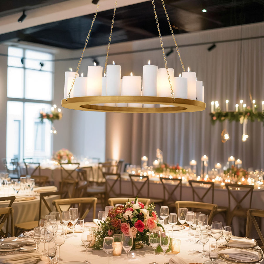 Gold Hanging Metal Floral Chandelier Frame - 32inch Circular Lighting, Candle