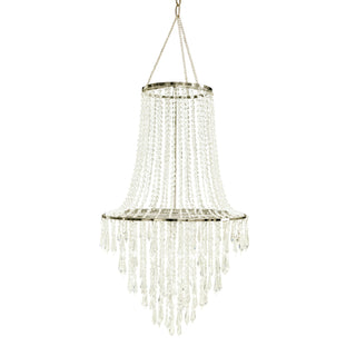 Elegant crystal chandelier with cascading beads and a silver frame #whtbkgd