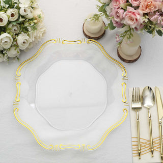 Add Elegance to Your Table with Clear/Gold Baroque Scalloped Acrylic Plastic Charger Plates Add Elegance to Your Table with Clear/Gold Baroque Scalloped Acrylic Plastic Charger Plates