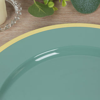 Teal plate with yellow rim on a wooden table.