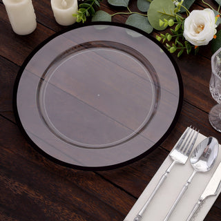 Elevate Your Table Setting with Black Rim Clear Heavy Duty Disposable Charger Plates