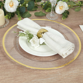 Add Elegance to Your Table with 12" Gold Rim Clear Heavy Duty Disposable Charger Plates Add Elegance to Your Table with 12" Gold Rim Clear Heavy Duty Disposable Charger Plates