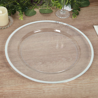 Elevate Your Table Setting with Silver Rim Clear Heavy Duty Disposable Charger Plates Elevate Your Table Setting with Silver Rim Clear Heavy Duty Disposable Charger Plates
