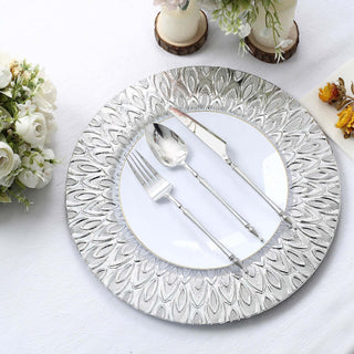 Convenient and Affordable Silver Embossed Peacock Design Charger Plates Convenient and Affordable Silver Embossed Peacock Design Charger Plates
