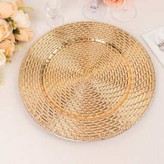 Add a Touch of Sophistication with Metallic Gold Swirl Rattan Charger Plates Add a Touch of Sophistication with Metallic Gold Swirl Rattan Charger Plates