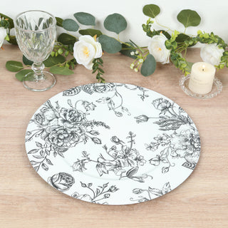 <strong>Elegant White Charger Plates with Black Floral Pattern</strong> <strong>Elegant White Charger Plates with Black Floral Pattern</strong>