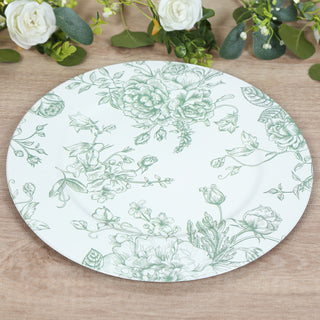 Elegant French Toile Charger Plates in Matte White and Sage Green Elegant French Toile Charger Plates in Matte White and Sage Green
