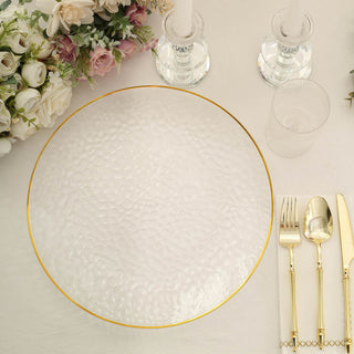 Add Elegance to Your Table with Clear Hammered Design Disposable Charger Plates with Gold Rim