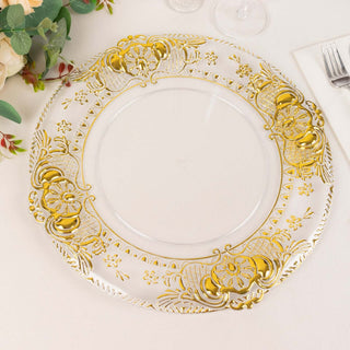 Elegant Clear Decorative Charger Plates with Gold Florentine Style Embossed Rim Elegant Clear Decorative Charger Plates with Gold Florentine Style Embossed Rim