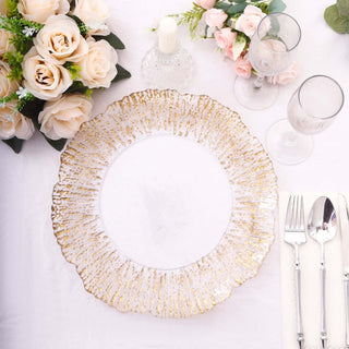 Elevate Your Table Setting with Clear Gold Reef Rim Disposable Charger Plates Elevate Your Table Setting with Clear Gold Reef Rim Disposable Charger Plates